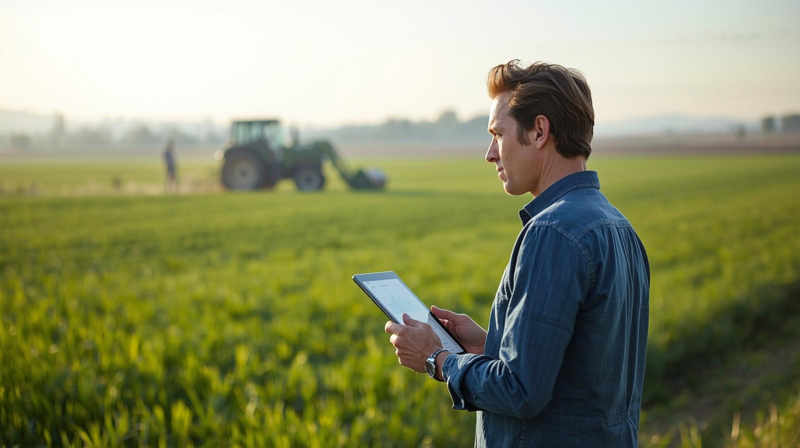 Investor reviewing agricultural data on tablet while overlooking bright thriving farmland ecosystem.
